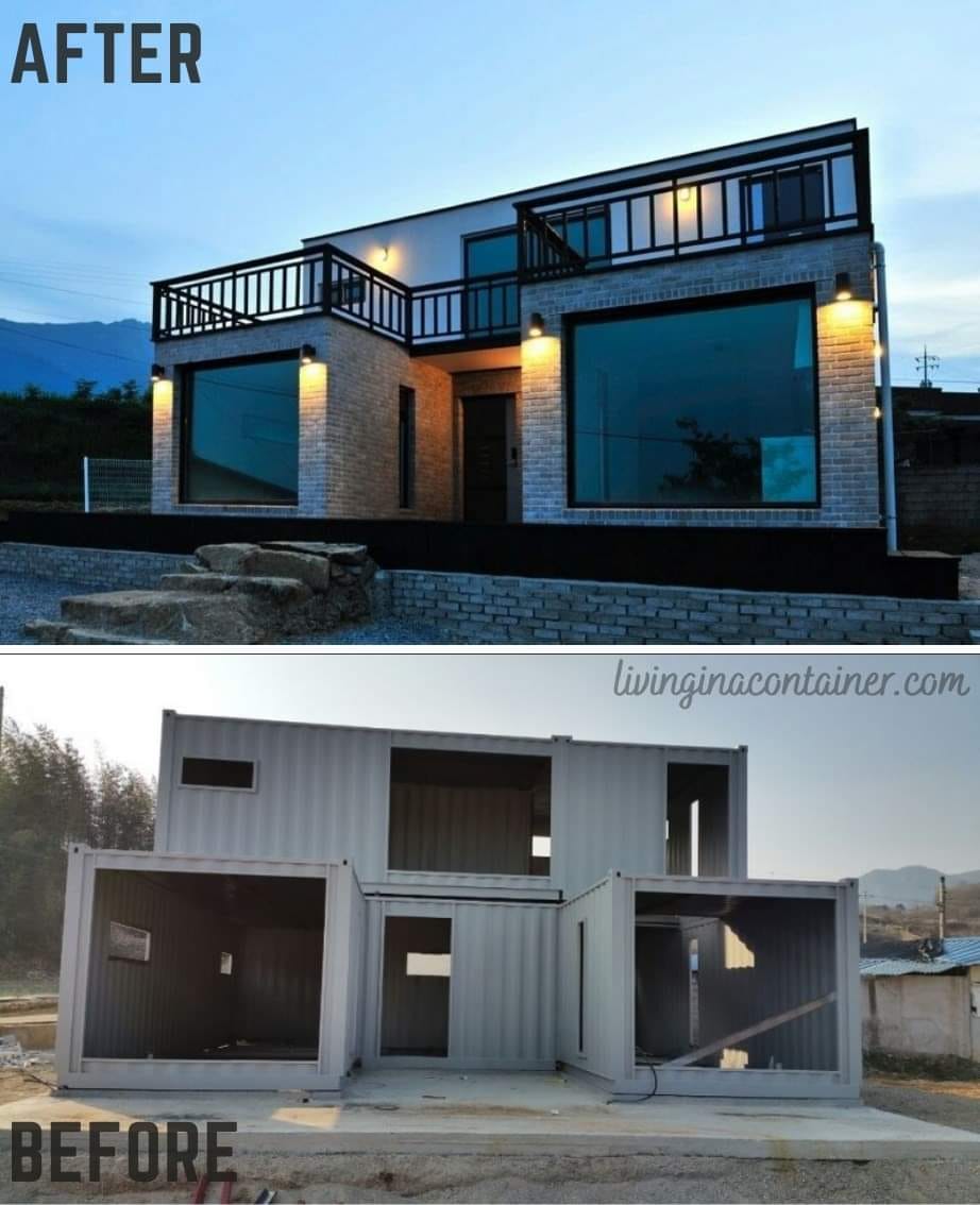 This meme is a before-and-after comparison of a house. The "before" image is a photo of a house made entirely out of shipping containers, with empty spaces and no interior. The "after" image is a photo of a completed, modern home with a beautiful interior, with the text "I'm not lazy, I'm just reorganizing my space" appearing above it.